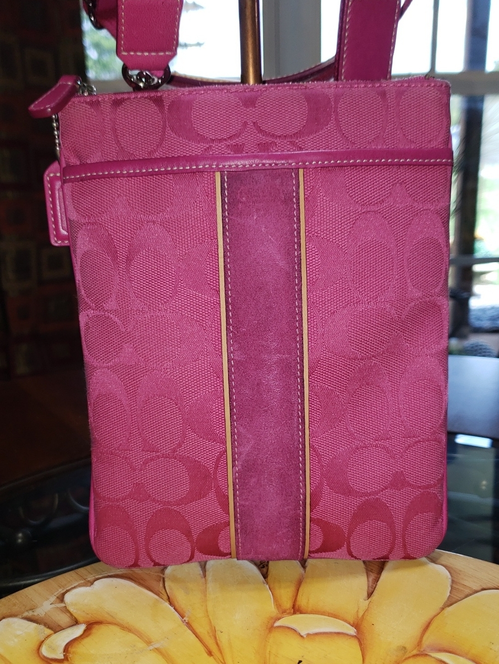Coach Fuchsia Pink Signature Crossbody with Suede Stripe